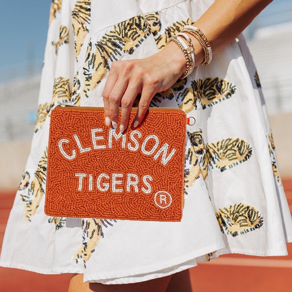 Seed Beaded CLEMSON Football Team Zipper Coin Makeup Storage Pouch NEW NWT